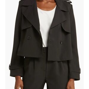 Nordstrom Melloday Cropped Trench Coat Jacket Size Small Black Preppy Epaulets